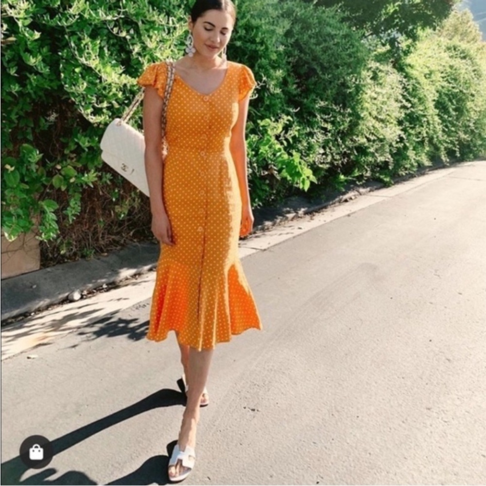 Rachel Parcell Linen Blend Polka Dot Button Front Midi Dress Orange Citrus M - Picture 3 of 16